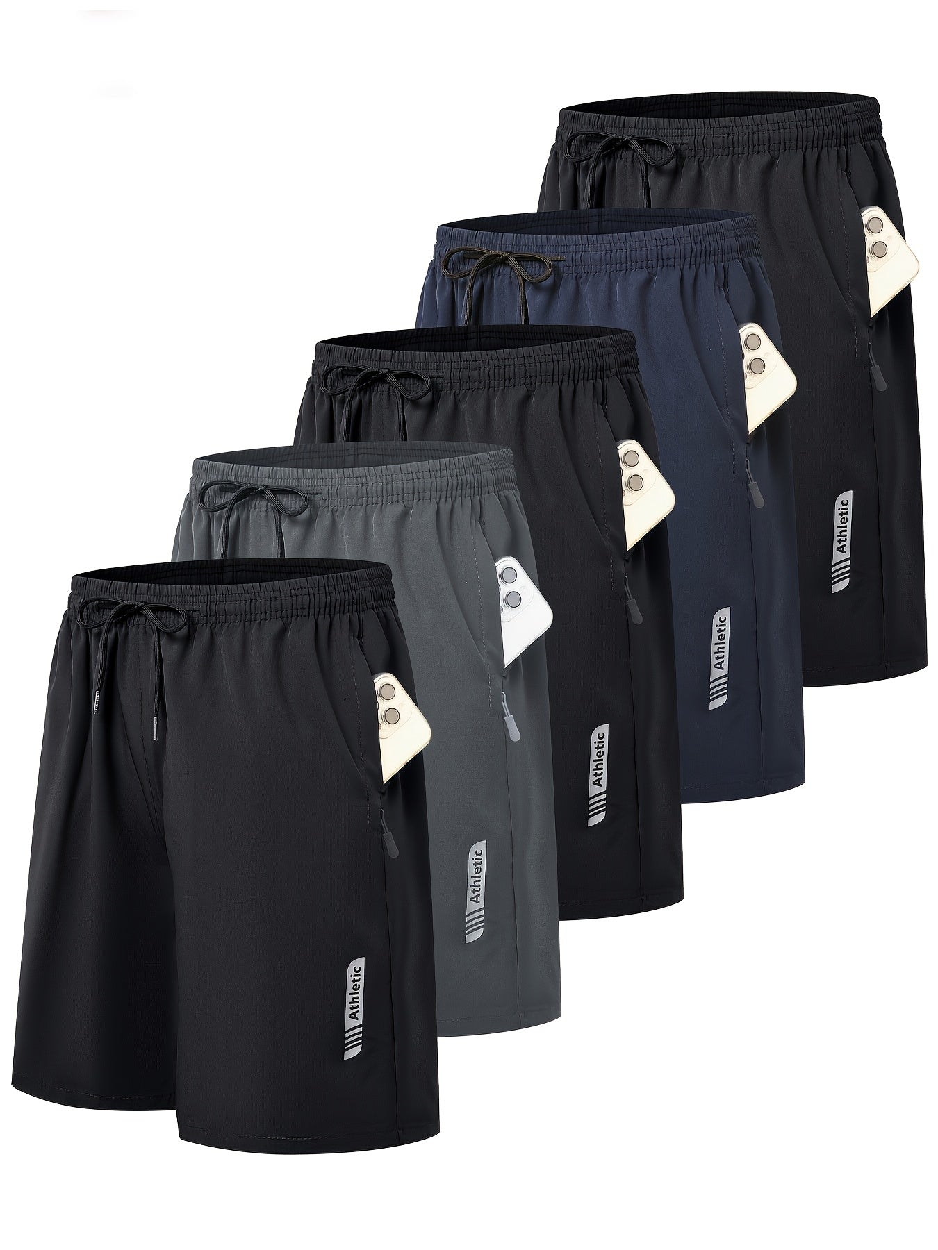5pcs Men's Sports Gym Workout Shorts Basketball Shorts Men Stretch Waistband Side Zip Pocket Quick Drying