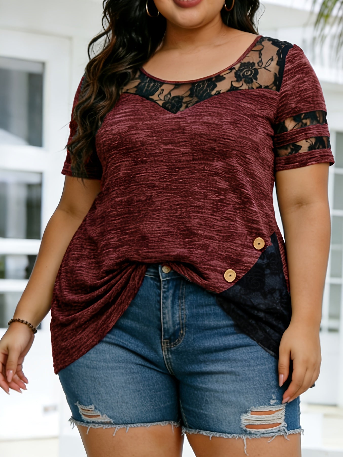 Plus Size - Plus Size - Women'S Plus Size Lace Trim Blouse Tops, Flattering V-Neck Tunic Shirt, Casual Dressy Elegant Tops, Flowy Tunic Top with Lace Sleeves, Comfort Stretch Blouse for Women, Loose Fit Shirt, Sizes XL-5X