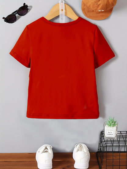 GOURD DOLL Boys' Summer Skateboarding Bear Graphic T-Shirt - Vibrant Red Casual Short Sleeve Tee with Cartoon Print, Machine Washable Regular Fit for Youngsters' Outdoor Play & Casual Attire