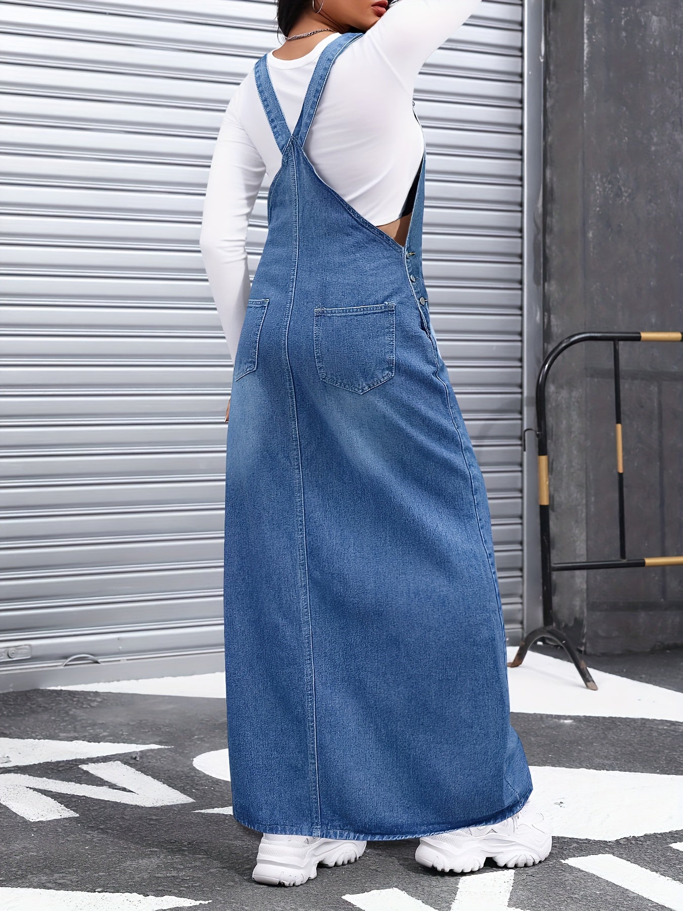 American Street Trend Women's Denim Overalls Skirt Jean Skirts for Women, Loose And Comfortable, Versatile for Commuting, Multi-breasted, Detachable Shoulder Straps, Long Skirt
