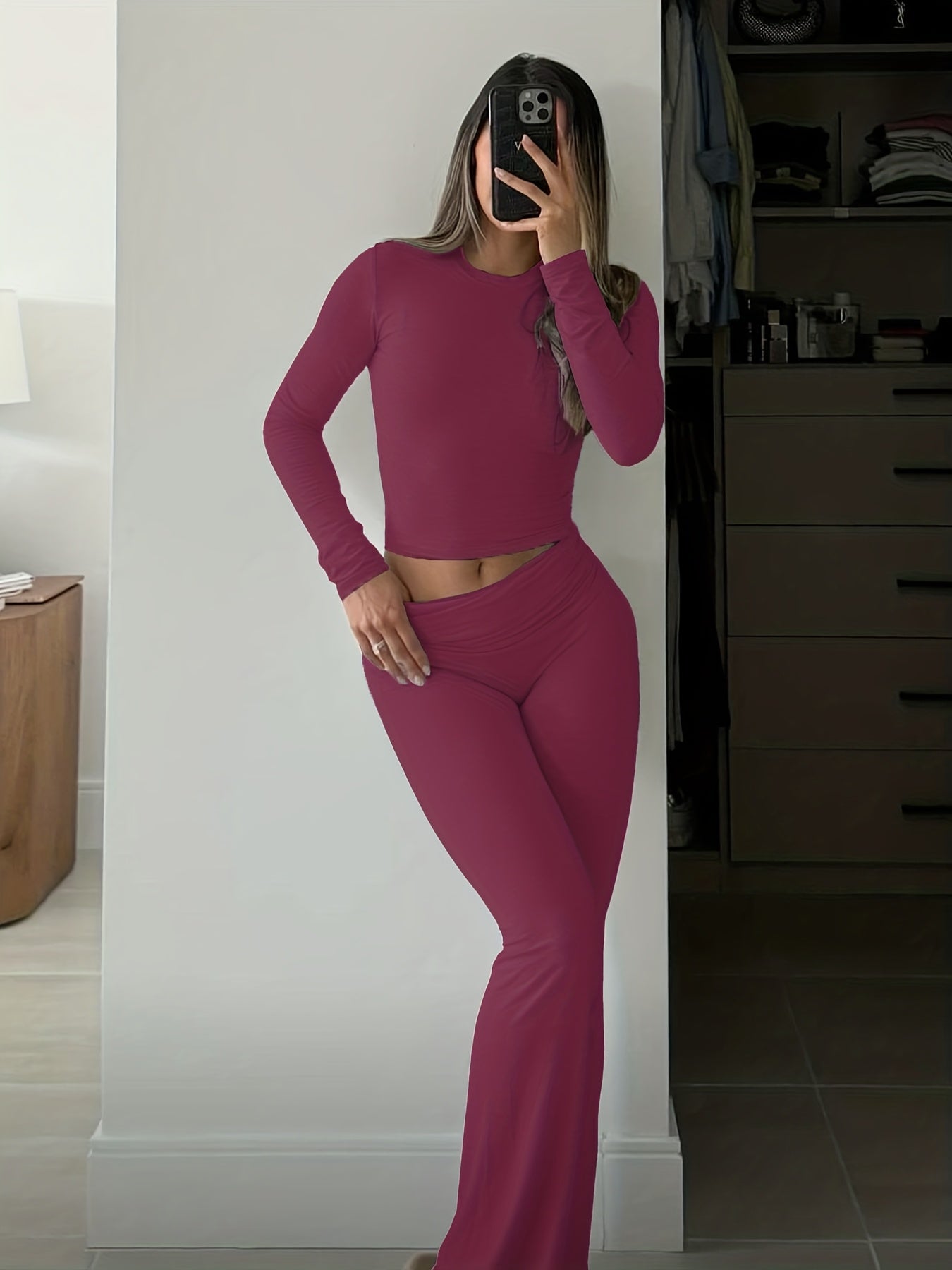 Casual Two Piece Outfits Long Sleeve High Waist Fold-Over Flare Flared Leggings Pants Sets Streetwear
