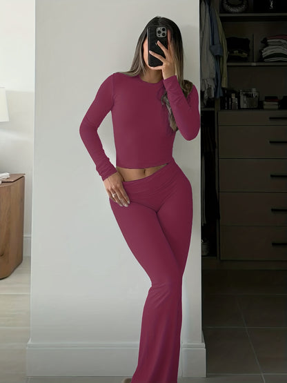 Casual Two Piece Outfits Long Sleeve High Waist Fold-Over Flare Flared Leggings Pants Sets Streetwear