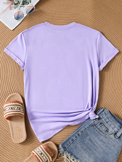 This Short-sleeved T-shirt Features A Purple Floral Print with A Horizontal Branch Pattern. It Has A Regular Fit And A Round Neck, Making It A Suitable Gift for Spring/summer. Perfect for Outdoor Casual Wear