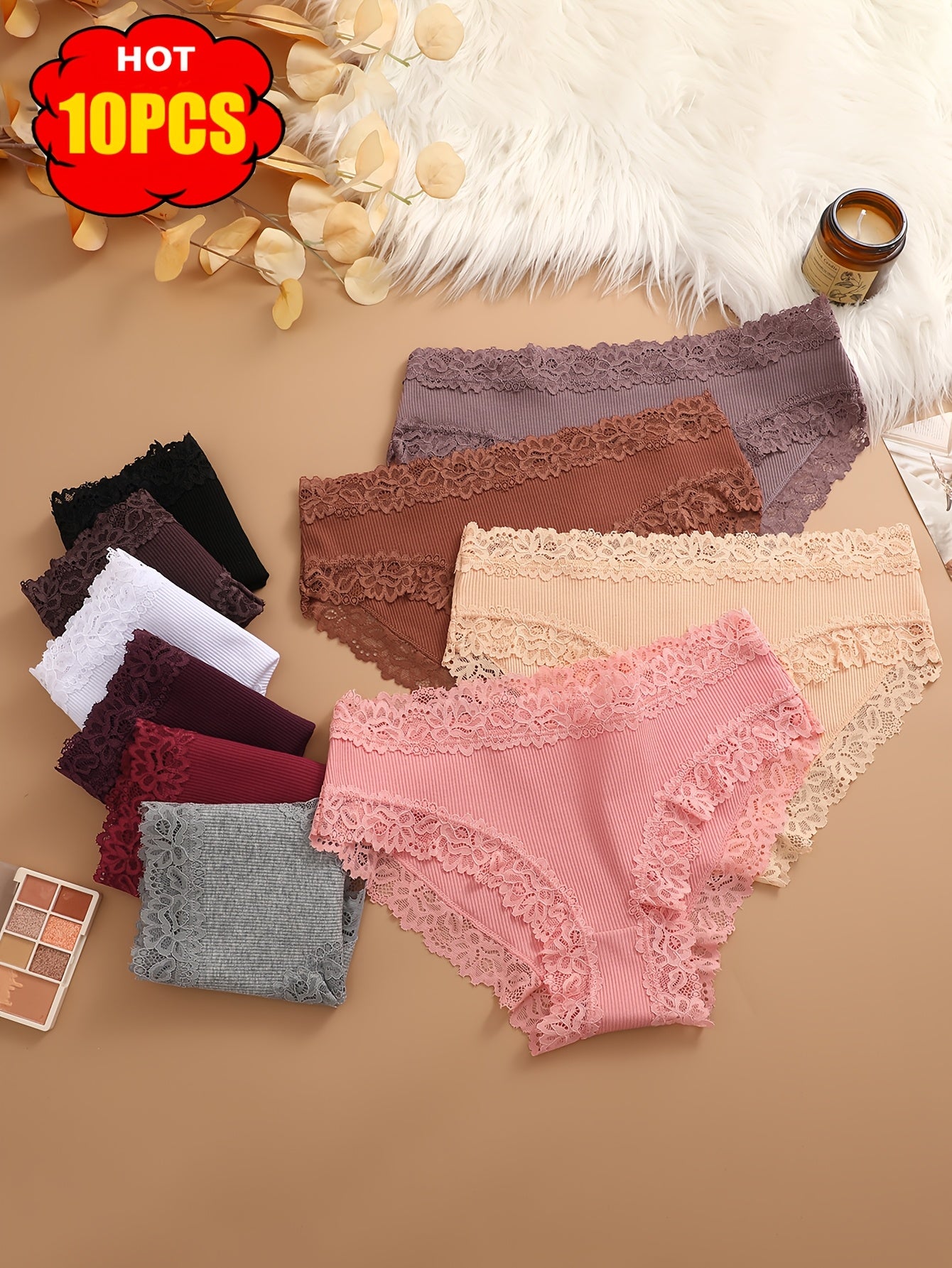 10pcs Lace Lace Solid Color Underwear, Fashionable, Elegant, Comfortable, Breathable And Skin Friendly Underwear, Suitable for Daily Commuting, Women'S Underwear And Underwear
