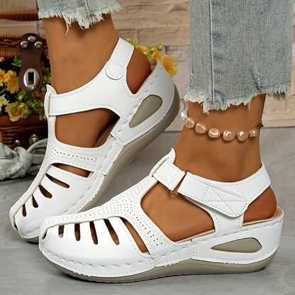 Ladies Leisure Wedge Sandals | White Synthetic Cover | Middle Heel With Round Head Hollowed Out Design | Breathable And Comfortable | Wear All Season | Easy To Buckle And Close | Durable PU Sole | Fashion Versatile Shoes And Lace-up Sandals.