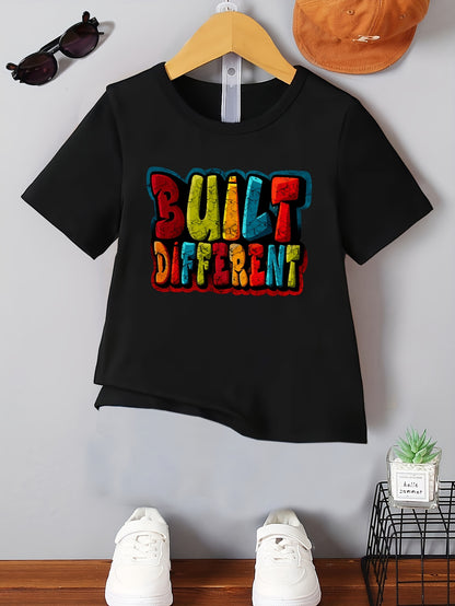 Boys' Casual Comfortable Summer Short Sleeve Crew Neck T-Shirt- BUILT DIFFERENT Creative Print Fashion Summer Gift