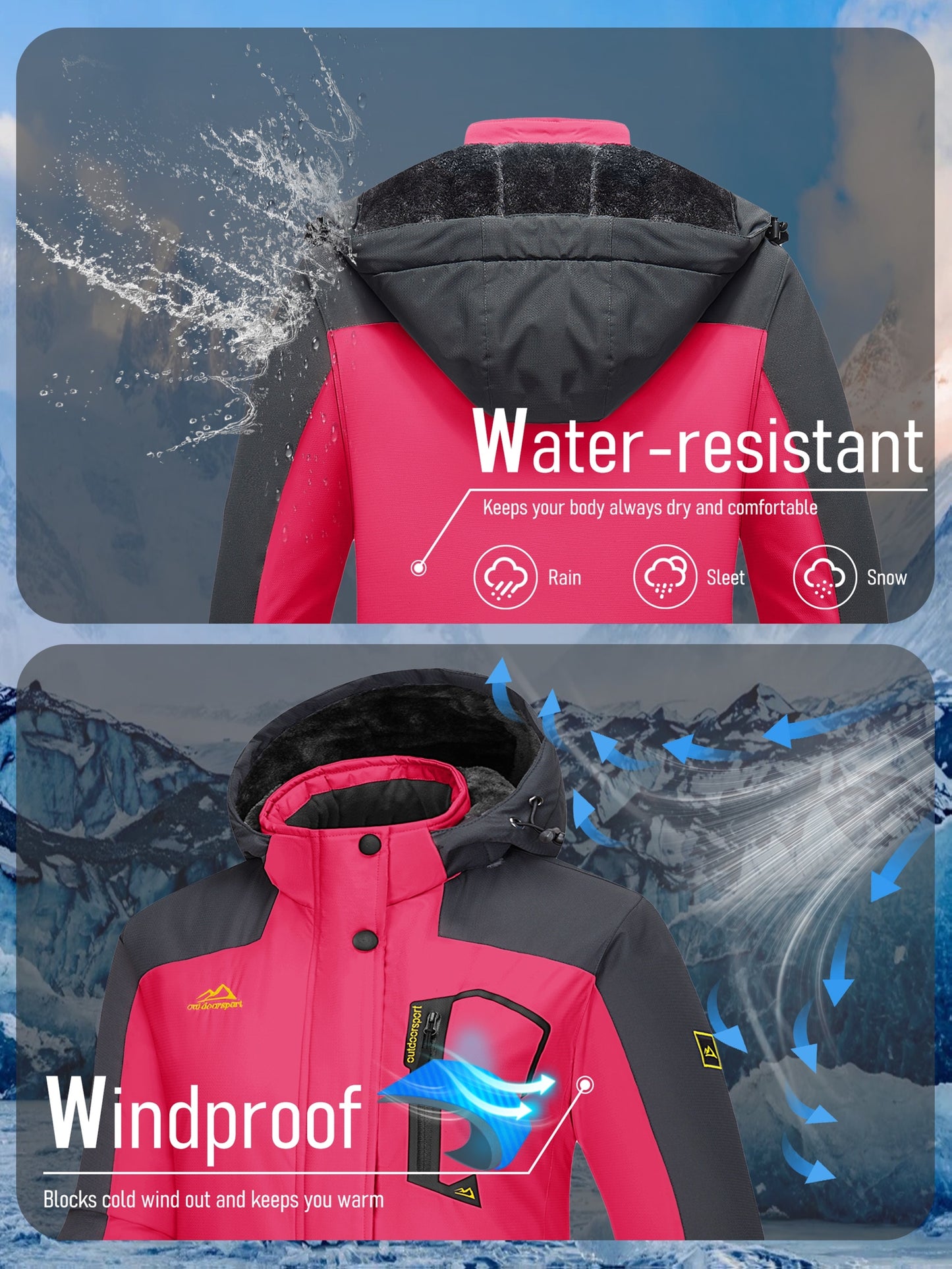 Winter Jacket for Women - Women's Ski Snowboard Jacket Thermal Fleece High Quality Insulated Snow Jacket Casual Work Jacket Outdoor Sports Coat Windbreaker Parka 4 Pockets Camping Snow Jacket Windproof Hood Warm Winter Hiking Fleece Lined Jacket