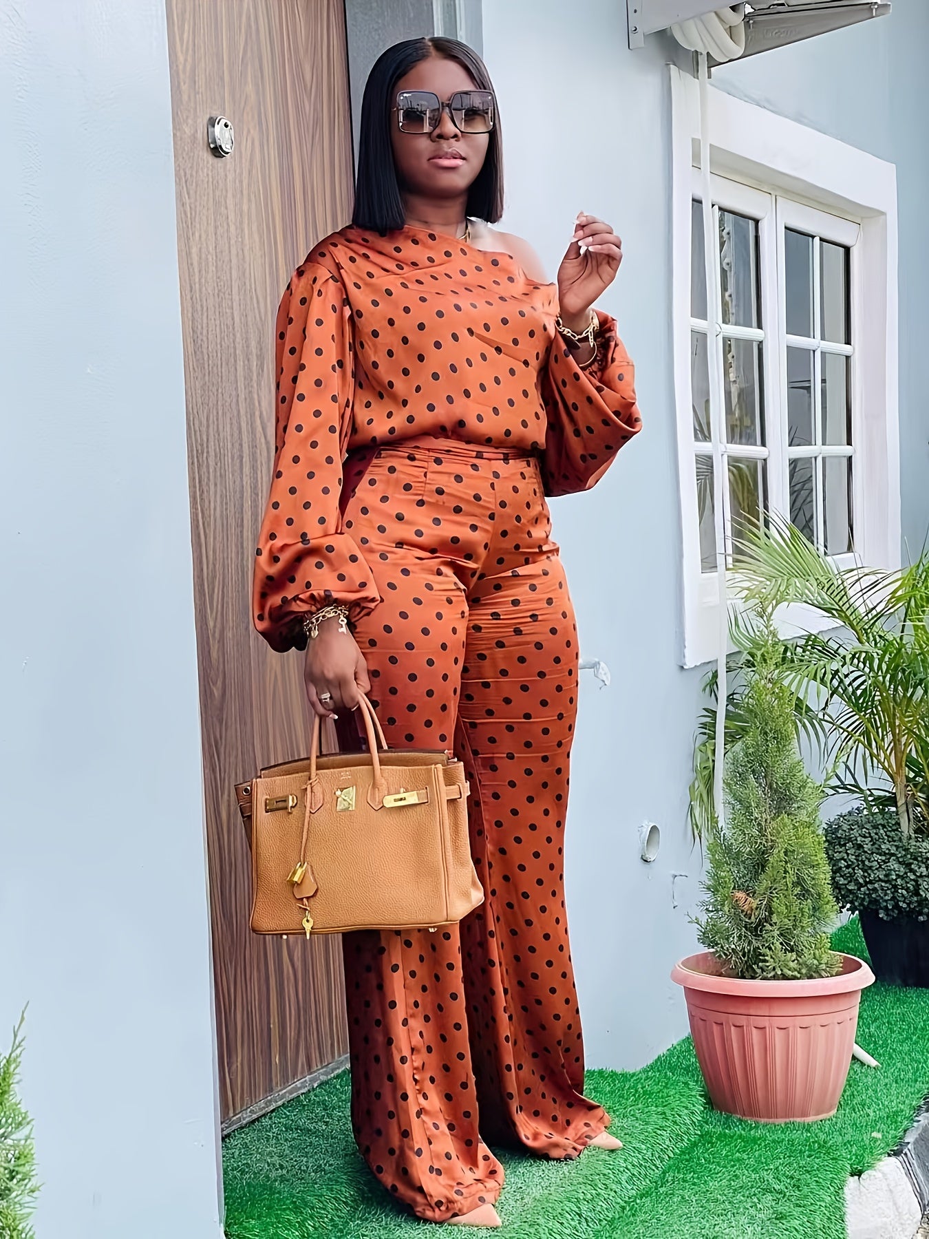 Spring Women'S Fashion Long-Sleeved Top And Long-Pants Loose Casual Off-Shoulder Suit with Polka Dot Print