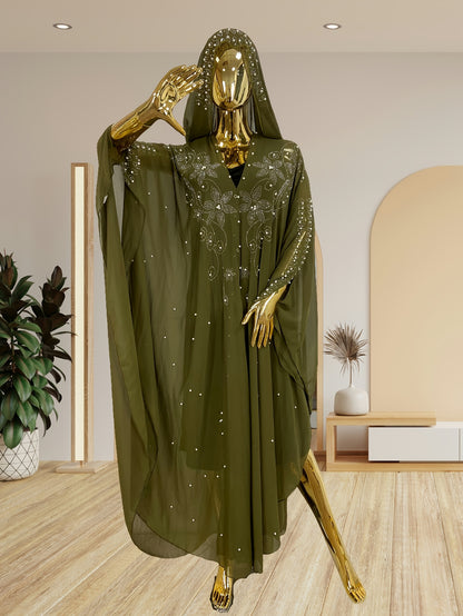Chic Rhinestone Wrap for Women Featuring Trumpet Sleeves - A Loose-Fitting Long Cape Inspired by Middle Eastern Styles, Adorned with Semi-Sheer Pearls And Crystals, with a Split Hem Perfect for Summer Weddings And Formal Occasions