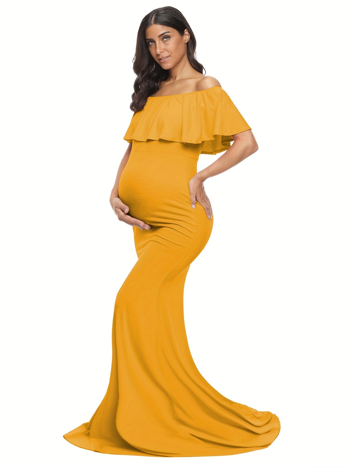 Womens Off Shoulder Maternity Dress Ruffles Elegant Slim Gowns Fit Maxi Photography Dress