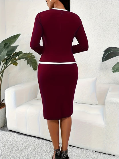 Stylish 2-In-1 Bodycon Dress with Contrast Trim - Long Sleeves, Form-Fitting, Suitable for Office And More - Women'S Professional Attire