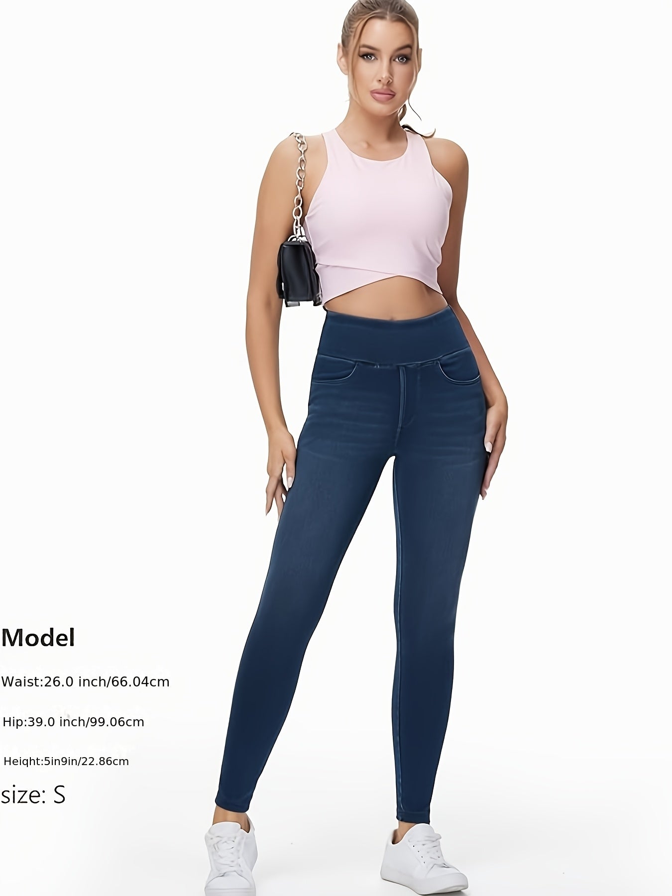 Women's Slim-fit Jeans with Four Pockets, High-waisted Stretchy Leggings, Fashionable Tummy- Denim Style