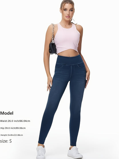 Women's Slim-fit Jeans with Four Pockets, High-waisted Stretchy Leggings, Fashionable Tummy- Denim Style