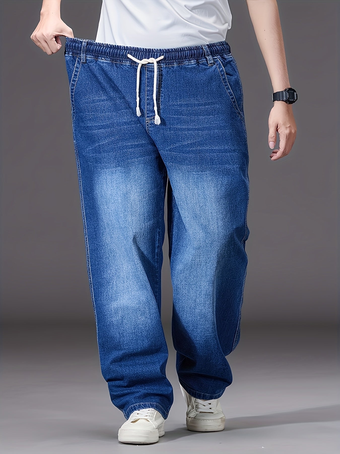 Large Size Jeans Men's Straight Leg Loose Fit Elastic Pants with Added And Extra Pants Elastic Waist Men's Simple And Versatile Denim Pants Men's Jeans Four Season Style, PLUS SIZE