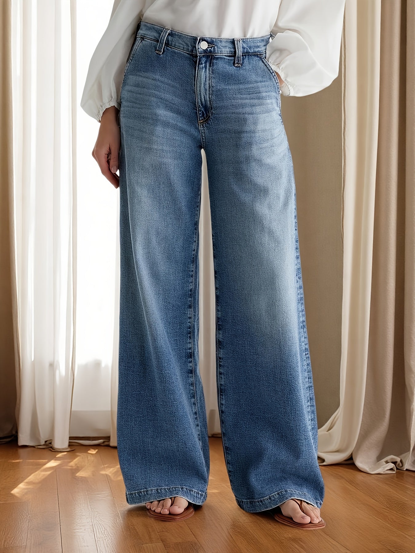 [Ladies Retro Denim Pants] Spring And Autumn New Ladies Retro Washed Wide-Leg Pants Elastic Joker Straight Loose Casual Denim Pants