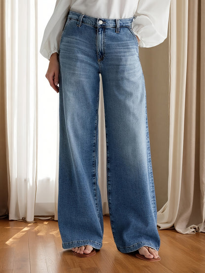 [Ladies Retro Denim Pants] Spring And Autumn New Ladies Retro Washed Wide-Leg Pants Elastic Joker Straight Loose Casual Denim Pants