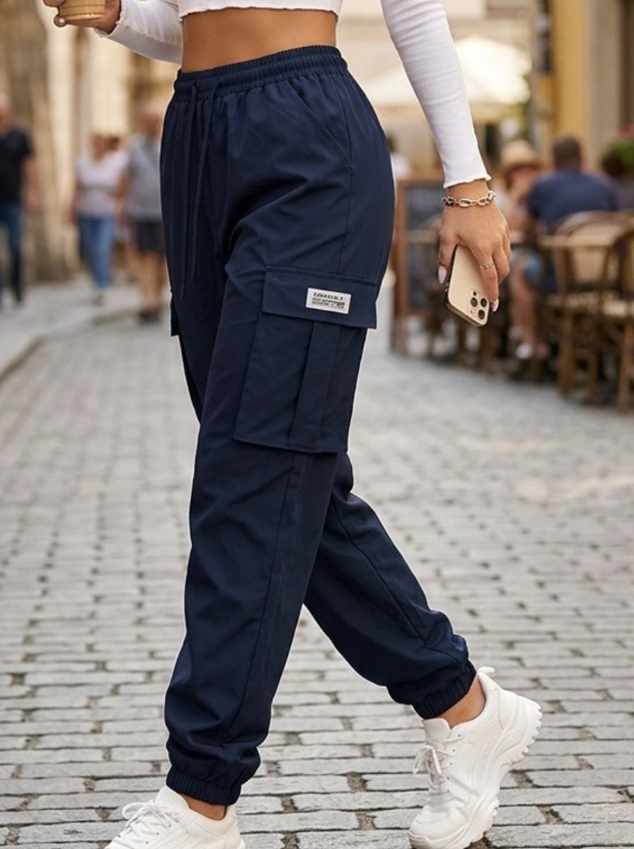 Women'S Zippered Pocket Cargo Pants, Stylish Large Pocket Design, Drawstring Elastic Waistband, Casual Outdoor/everyday Wear Trousers