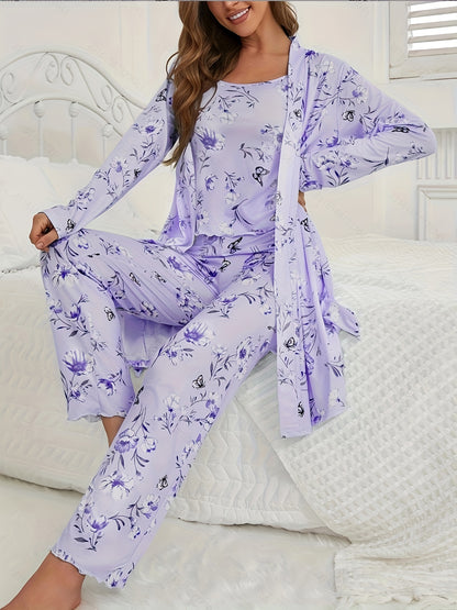 3pcs Floral And Butterfly Print Pajama Set - Long Sleeve Belted Robe & Cami Top & Pants Lounge For All Seasons