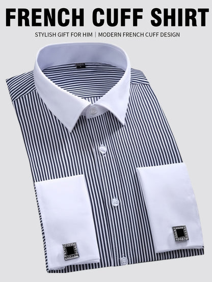 2026 French Cuff Dress Shirt 1pc For Men With FREE Random Cufflinks Set - Luxury Formal Wedding Shirt, Business Office Elegant Attire