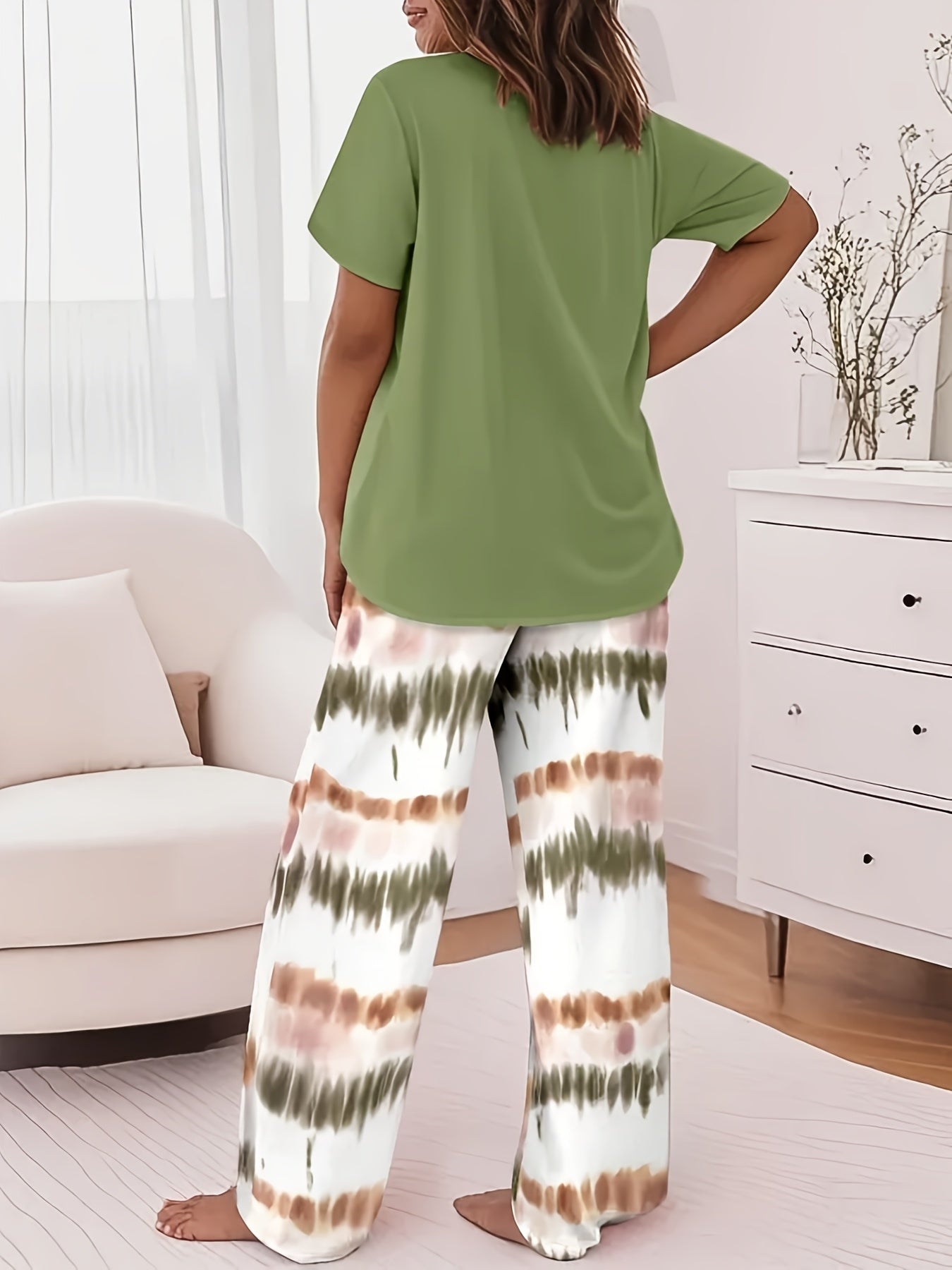 Round Neck Cross Printed Top Short-Sleeved Gradient Wide-Leg Pants Casual Loose Two-Piece Set