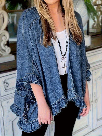 Women's Vintage Light Blue Jacket - Loose Fit Non-Stretch Denim-like Coat with Ruffle Shoulder & Flared Three-Quarter Sleeves, Viscose Fiber Blend Casual Chic Outerwear for Everyday Formal Outfits - Spring/Fall Essential, Denimlike Appearance