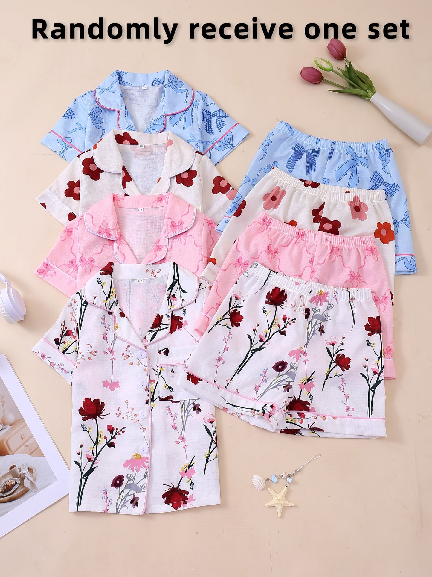 Random 1 Set Delivery! Girls' Collared Short-Sleeve And Shorts Pajama Set, Bows, Red Flowers, Pink Bows, Floral Prints. Elastic-Waist Loungewear, Bubble-Wrinkle Flame-Retardant Fabric, Comfortable And Skin-Friendly