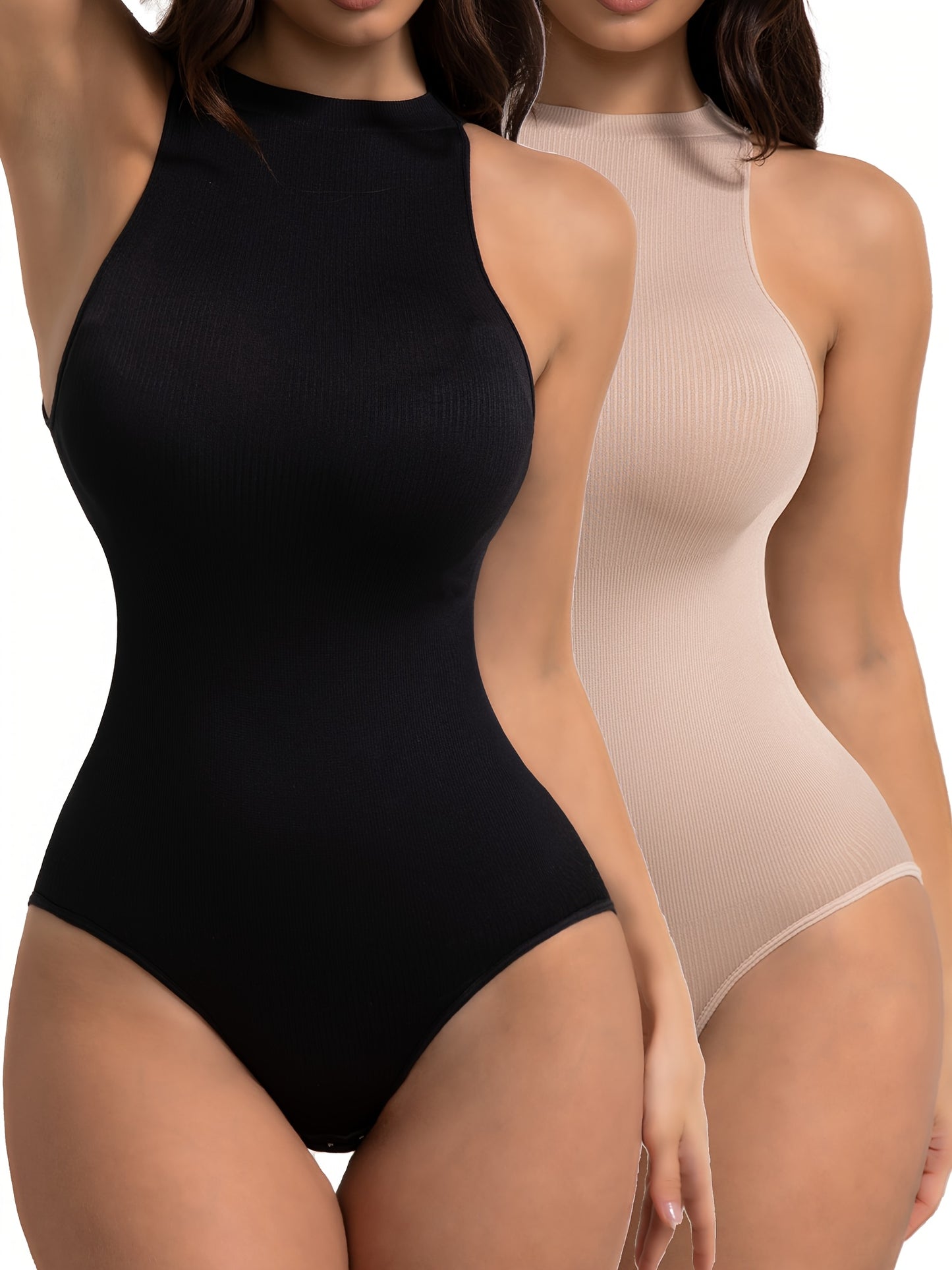 2pcs Women's Abdominal Shapewear Bodysuit - Tummy Control Full Coverage Body Shaper Suit with Adjustable Halterneck Neckline & Triple Buttonhole Closure, Postpartum & Gym Wear, Medium Compression (No Underpad) 2pcs Bodysuit