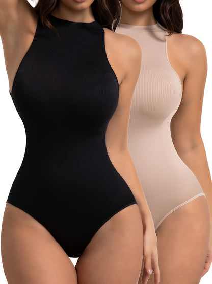 2pcs Women's Abdominal Shapewear Bodysuit - Tummy Control Full Coverage Body Shaper Suit with Adjustable Halterneck Neckline & Triple Buttonhole Closure, Postpartum & Gym Wear, Medium Compression (No Underpad) 2pcs Bodysuit
