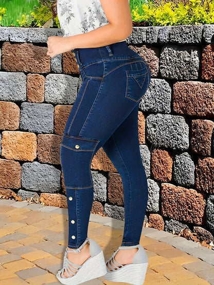 Women'S Stretch Fashionable Mid Waist Deep Blue Slim Fit Small Leg Jeans, Three Button Waistband, All Season Casual Style, Comfortable Material, Solid Color, Machine Washable, Daily Home, Outdoor Sports, Street Wear