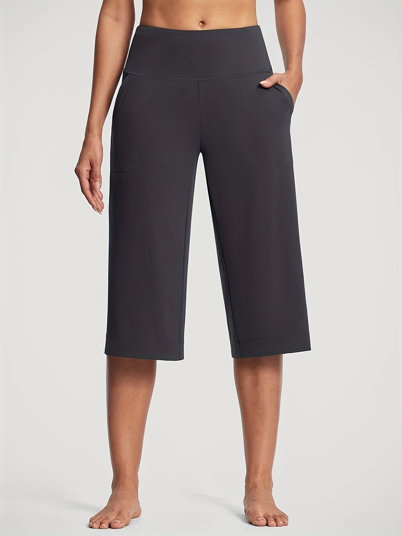 18'' Women's High-Waisted Wide Leg Yoga Capri Pants with Elastic Waist - Loose Comfortable Stretchable Soft Pants Suitable for Yoga, Workout, Casual & for Business Occasions - Spring Summer Fall Wearable with Practical Pockets (No Needed)