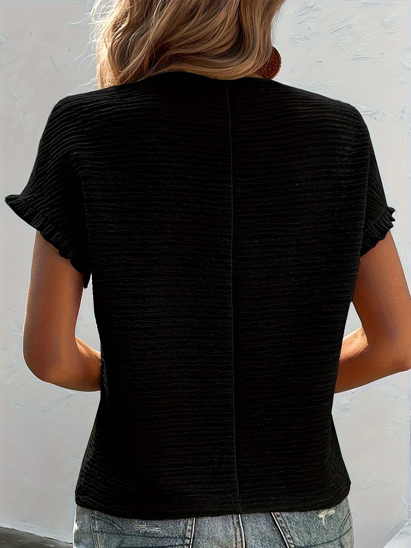 Solid Textured Ruffled Short Sleeve Blouse