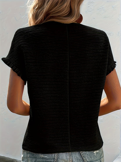 Solid Textured Ruffled Short Sleeve Blouse