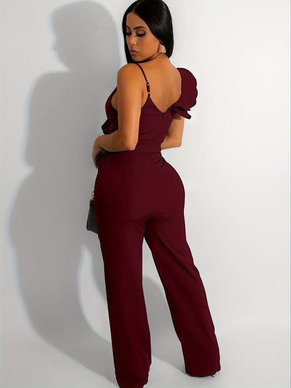 Womens Casual 1pc Jumpsuits V-Neck Sleeveless Ruffle Elegant Romper Wide Leg Pant Sexy Party Clubwear Overalls