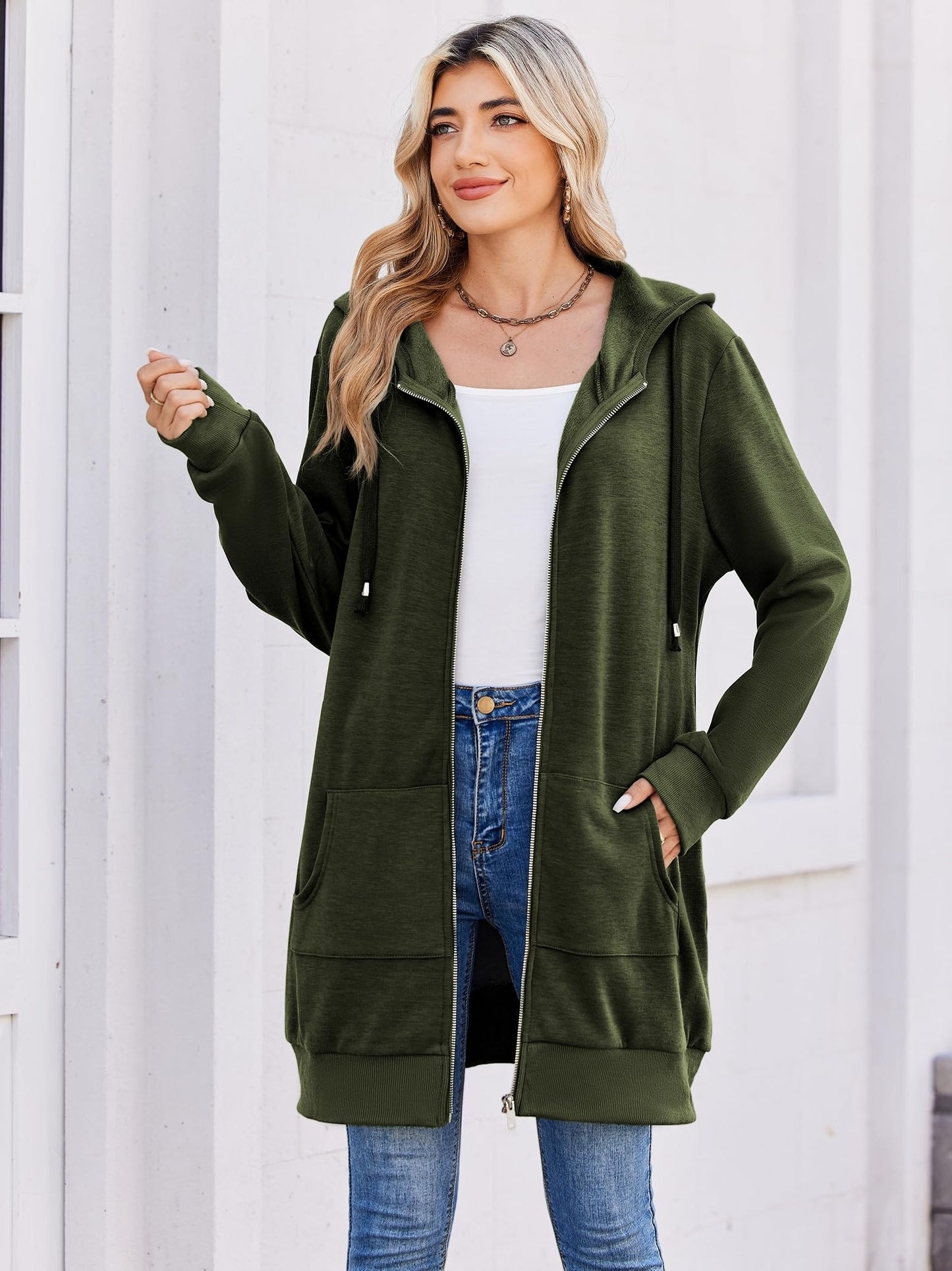 Women'S Zip Up Hoodies Long Sleeve Fall Tunic Hooded Sweatshirt Oversized Fleece Jacket with Pockets Fall Coats