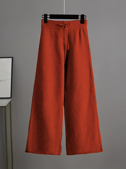 Ladies' Autumn And Winter New Sweater Fashion Two-piece Set: Unique Pattern Round Neck Drop Shoulder Long Sleeve Pullover + Straight Wide Leg Pants Combination, Loose And Casual Series