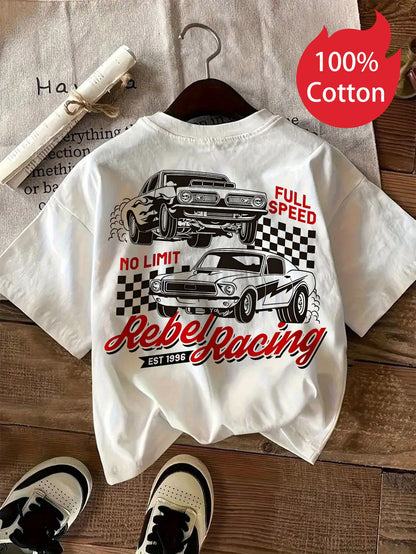 3 Summer New 100% Retro Racing Printed Pattern Boys' Casual Car Design Round Neck Short Sleeve Black Pink White Boy T-Shirt