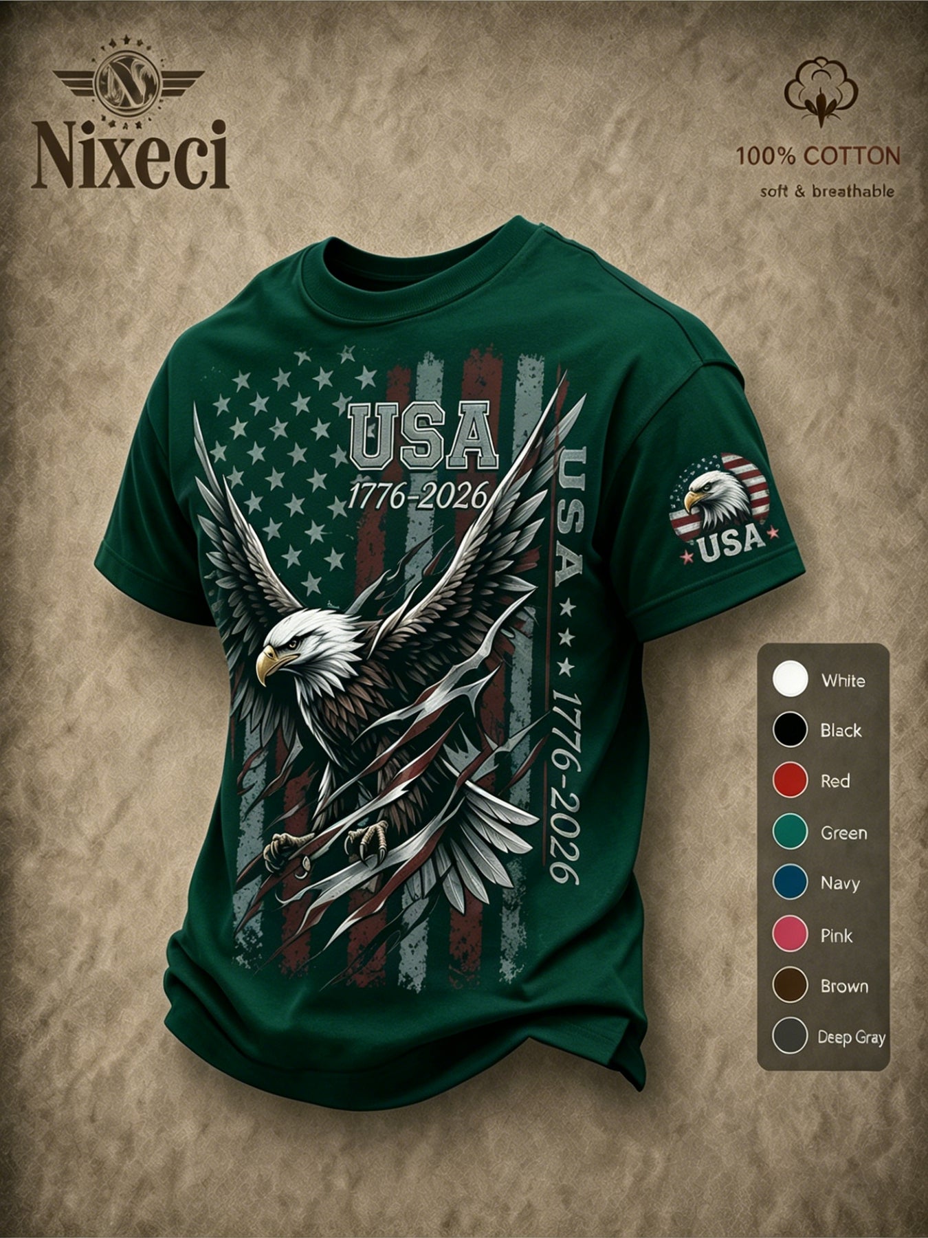Nixeci 180G Pure T-Shirt Men'S Summer Loose Fit Crewneck Short Sleeve Vintage Patriotic American Flag Bald Eagle Graphic Print Independence Day Daily Casual Outdoor Tee