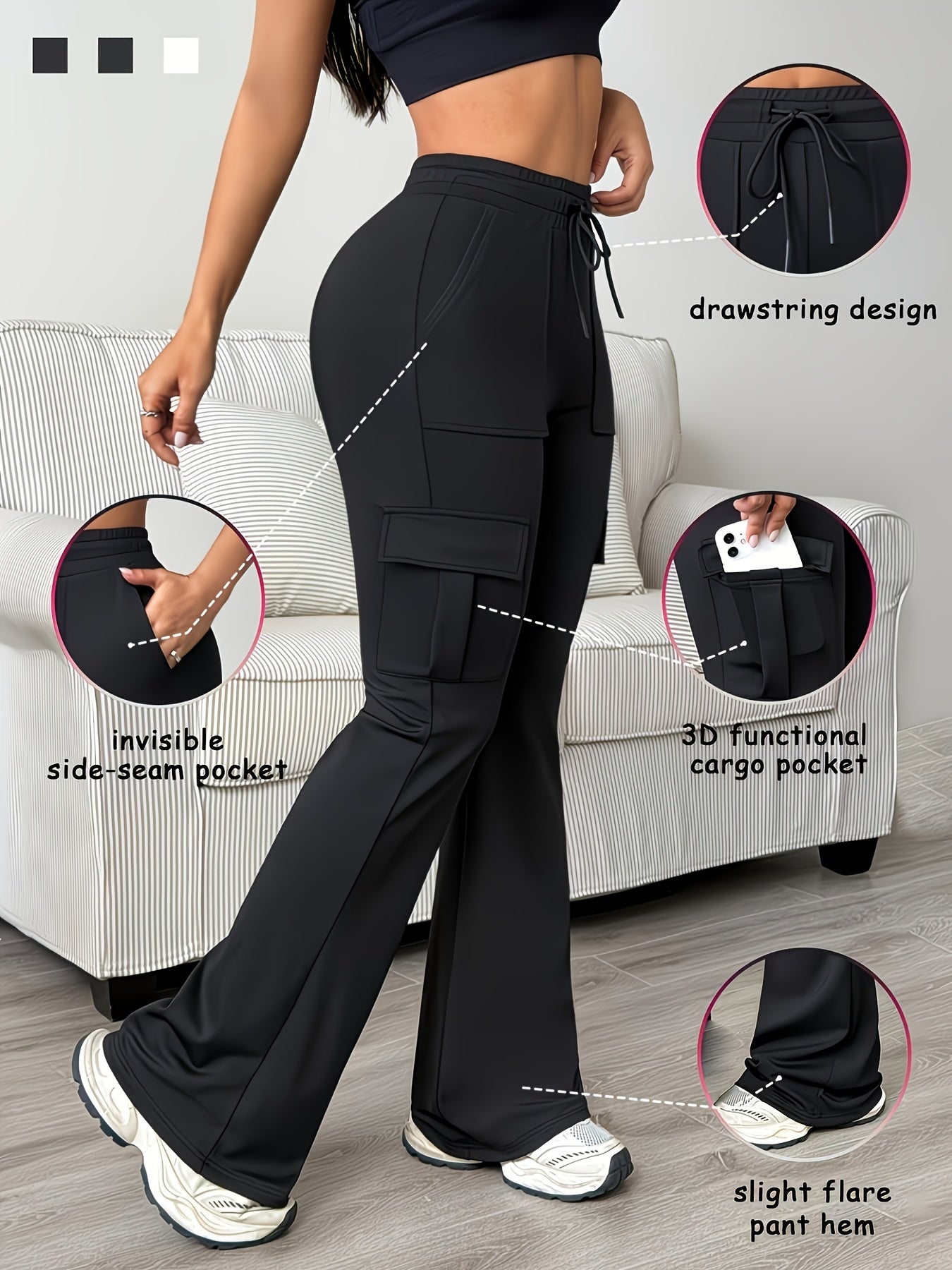 Women'S Functional Flare Cargo Pants, High Waist Elastic Drawstring Bootcut Leggings With Multi-Pockets, Stretchy All-Purpose & Casual Pants