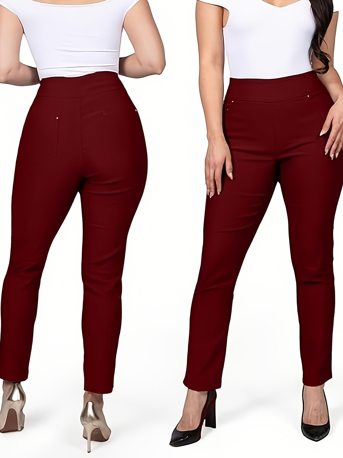 Slim Fit High-Waisted Pants for Women Featuring Five Pockets, Designed for Easy Pull-On Wear, Suitable for Work Or Casual Office Settings