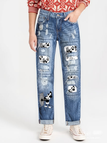 Women'S Distressed Jeans with Patch Printing, Featuring a Cartoon Mouse Pattern Patchwork, a Retro Vintage Style, And "Cartoon Mouse" Printed on The Cuffs