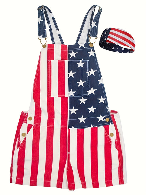 American Independence Day Flag Jumpsuit Bib Shorts, Independence Day Bandana, Perfect for Independence Day Celebrations