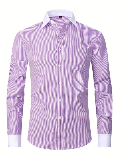 Men'S Striped Dress Shirt Long Sleeve - Premium Formal Shirt for Business, Weddings & Events, Lapel Collar, Single-Breasted, Wrinkle Resistant, Comfort Fit, Classic Office And Party Attire