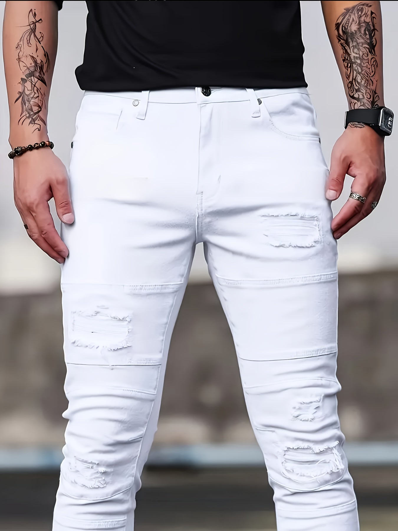 [HME] Men'S Casual Jeans, Fashionable Perforated Patch Style, Three-Dimensional Cut And Patchwork Design, Mid-Waist Elastic Slimming Skinny Pants, Suitable for All Seasons, Essential for Daily Casual Wear Men'S Denim Long Pants