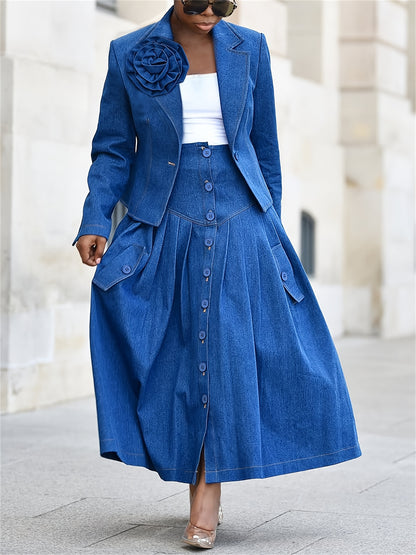 Gifts for Her, Denim Skirt Suit for Women, Designer Applique Jean Blazer And Pleated Skirt 2pcs Set, Business Casual Outfits, Front-breasted, High-rise, Pockets, Lapel Collar, Long Sleeves, Elegant
