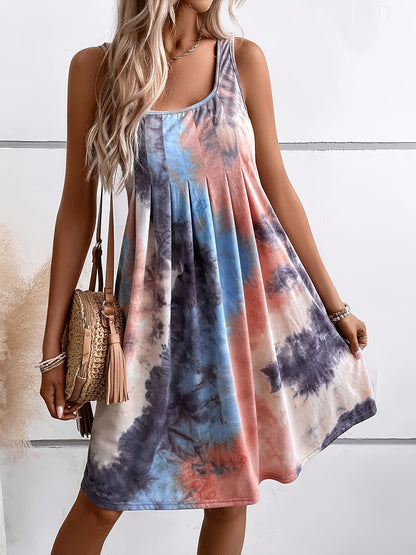 Sleeveless Dress for Women Featuring a Tie-Dyed Floral Design for Summer 2025 - Loose Mid-Length, Off-The-Shoulder, Round Neck, Lightweight, And Machine Washable, Perfect for Casual Beach Trips, Dinners, And Everyday Strolls