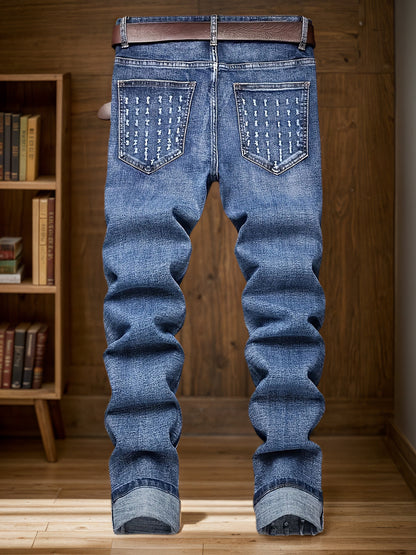 Men'S Jeans- Mid- Rise, Stretch Blend, Casual Street Style, Ripped Details, Comfortable And Versatile, Suitable Casual Outfits, Fashionable Long Pantsslim Fit Jeansdurable Fabric