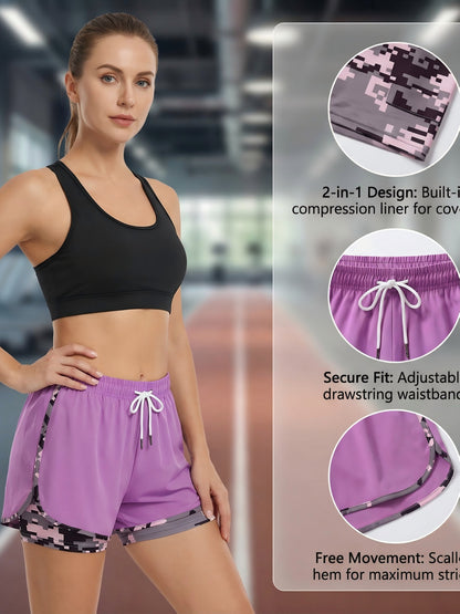Three Pairs Of Women'S Summer Shorts, Double-layered, Two-in-one Design With Camouflage Pattern, Breathable And Quick-drying, Side Mesh Pockets, Non-stretch Fabric, Regular Fit, Side Pockets, And Casual Style, Free Bracelet Included.