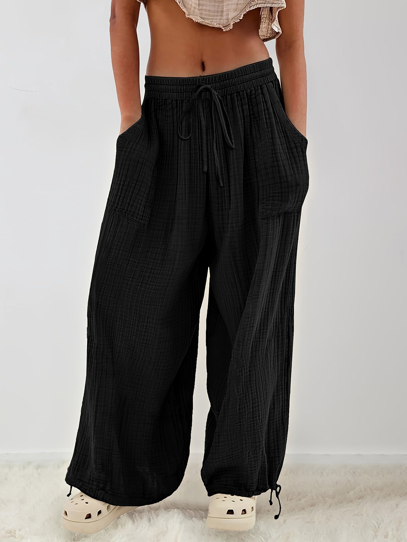 Spring And Summer Women's Casual Pants, Khaki, Pocket, Wide Leg, Tie, Loose, Daily Commuting Wide Leg Pants Womens Summer Clothes