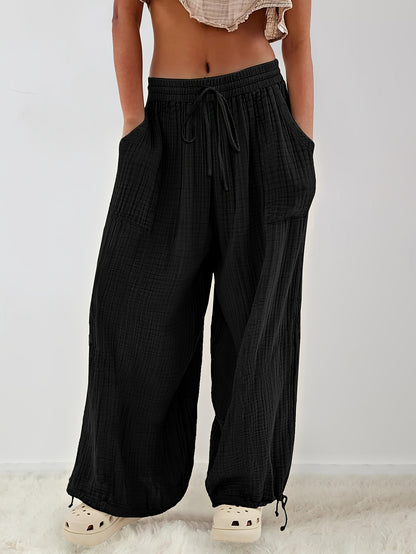 Spring And Summer Women's Casual Pants, Khaki, Pocket, Wide Leg, Tie, Loose, Daily Commuting Wide Leg Pants Womens Summer Clothes