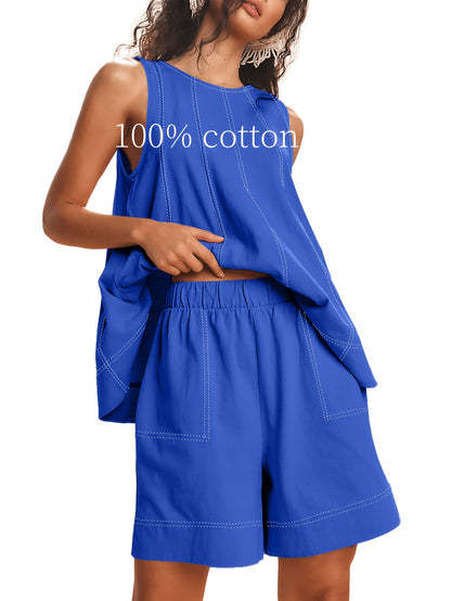 Womens 2pcs Outfits Sleeveless Matching Sets A Line Tank Tops Contrast Stitching High Waist Shorts with Pockets